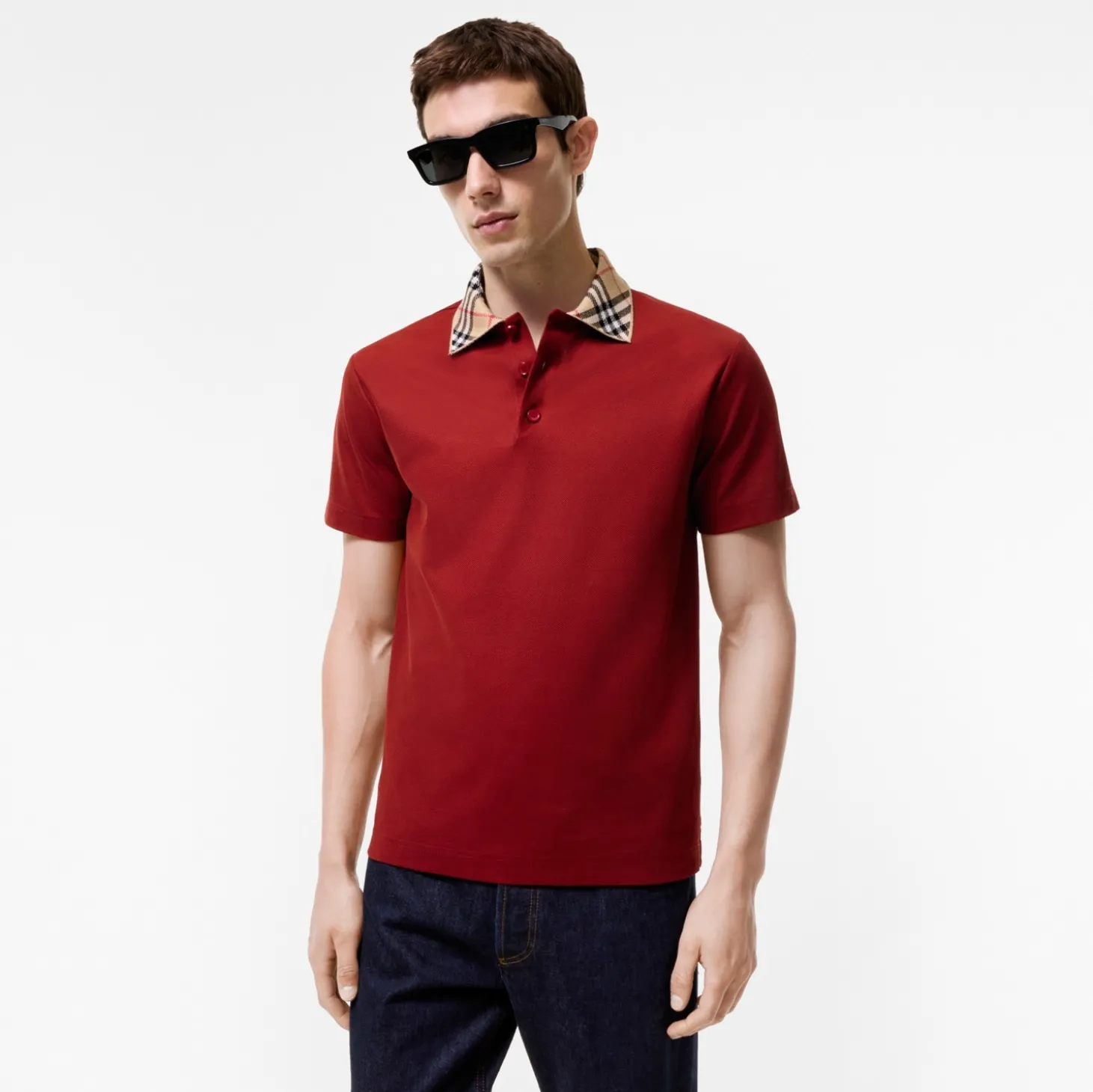 Check Collar Cotton Polo Shirt