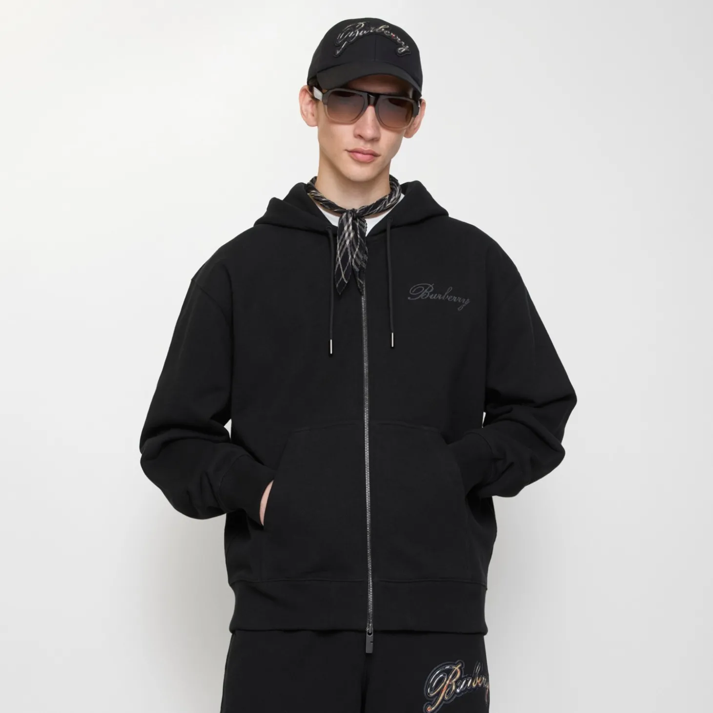 Check Cursive Logo Cotton Zip Hoodie