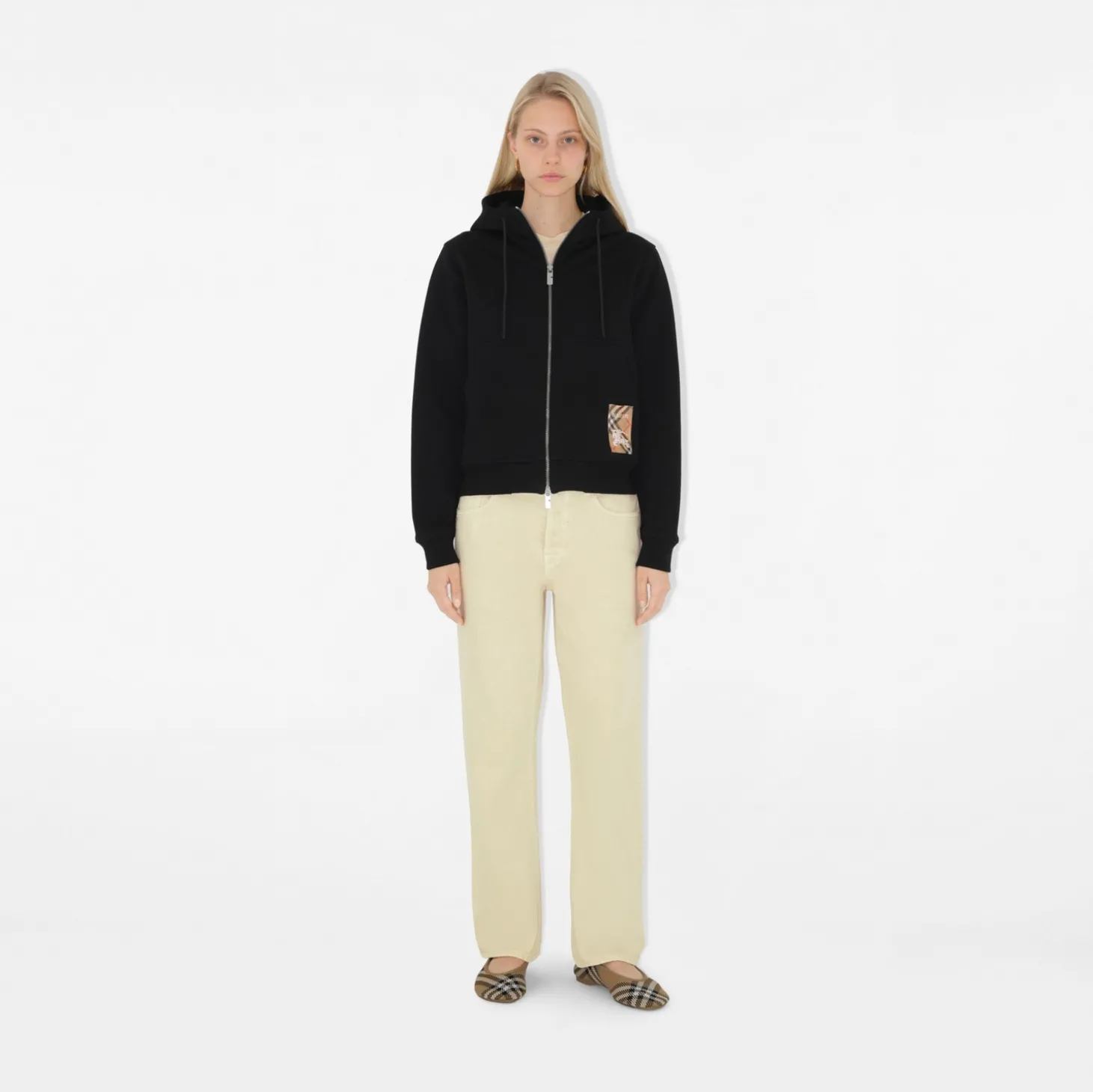 Check Label Cotton Zip Hoodie