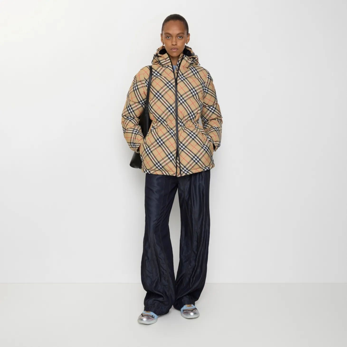 Check Nylon Hooded Puffer Jacket