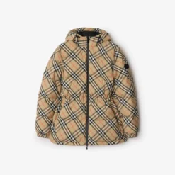 Check Nylon Hooded Puffer Jacket