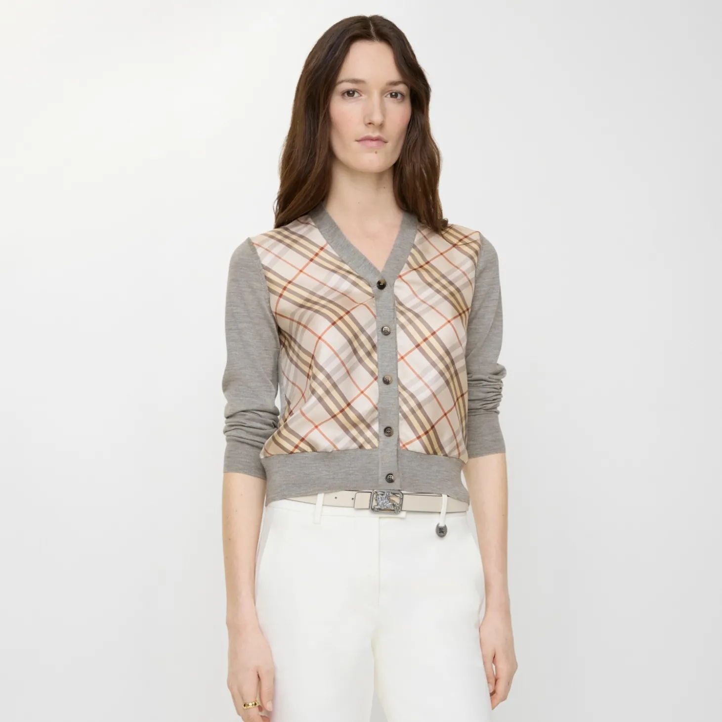 Check Panel Wool Silk Cardigan
