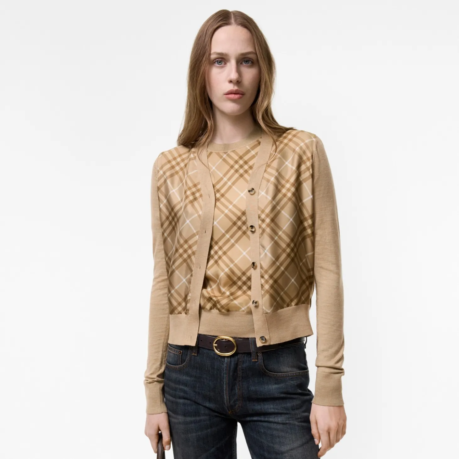 Check Panel Wool Silk Cardigan