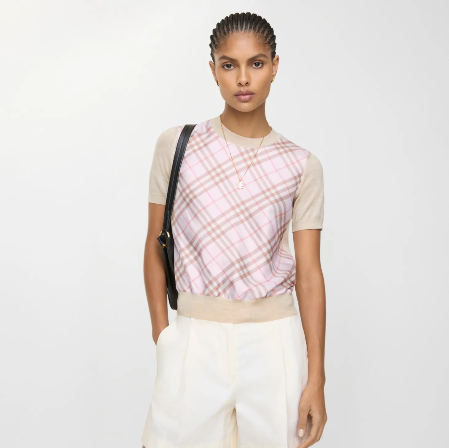 Check Panel Wool Silk T-shirt