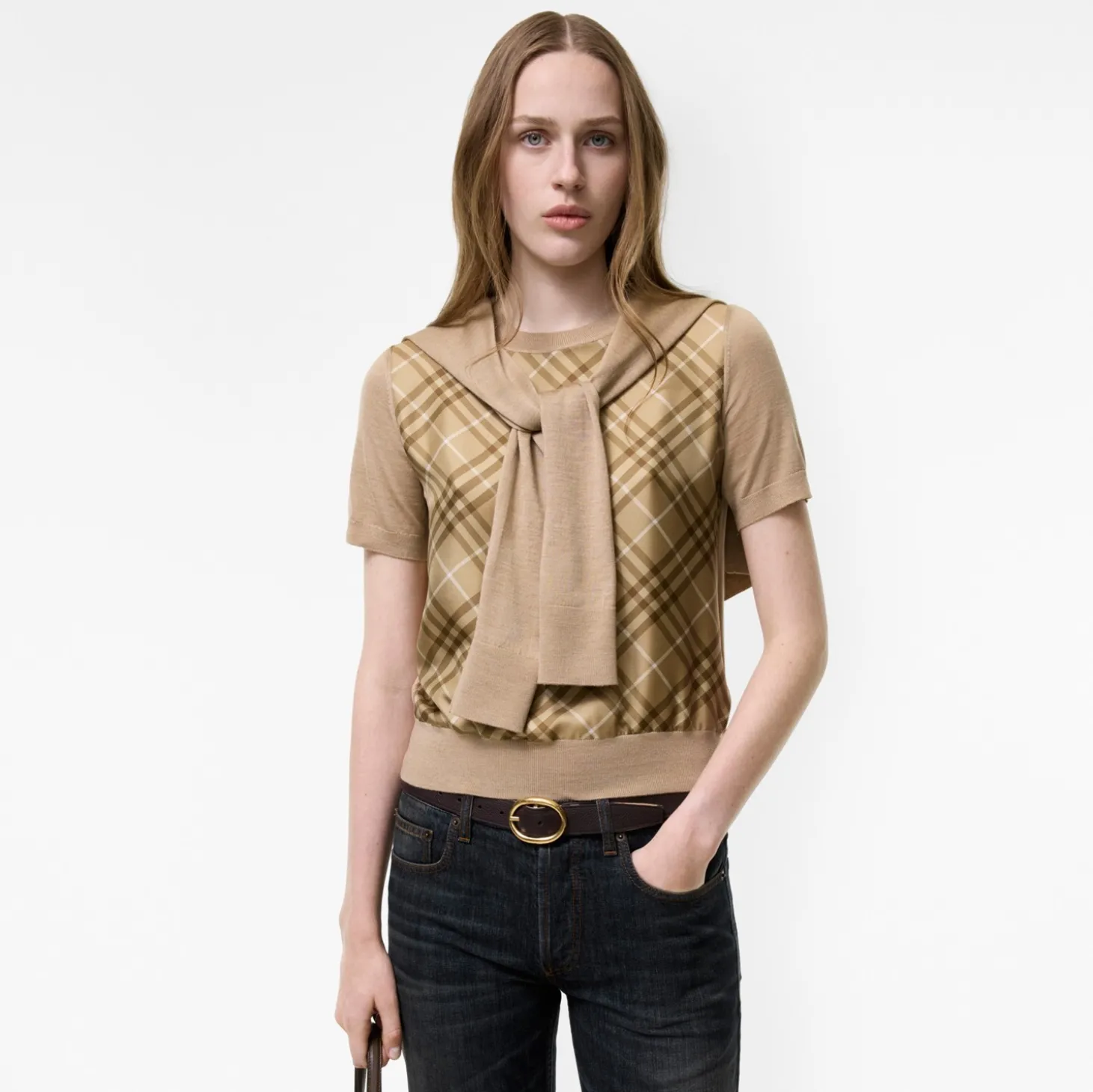 Check Panel Wool Silk T-shirt