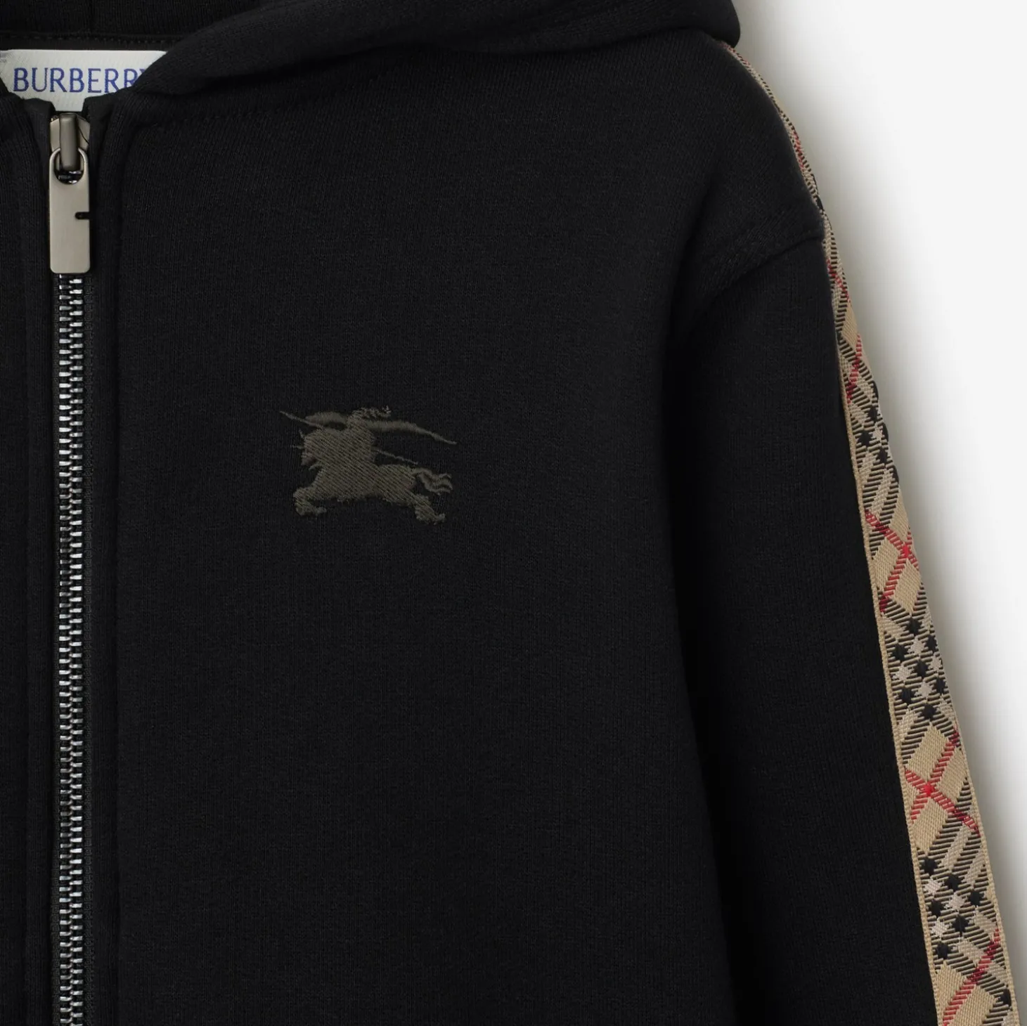 Check Trim Cotton Zip Hoodie