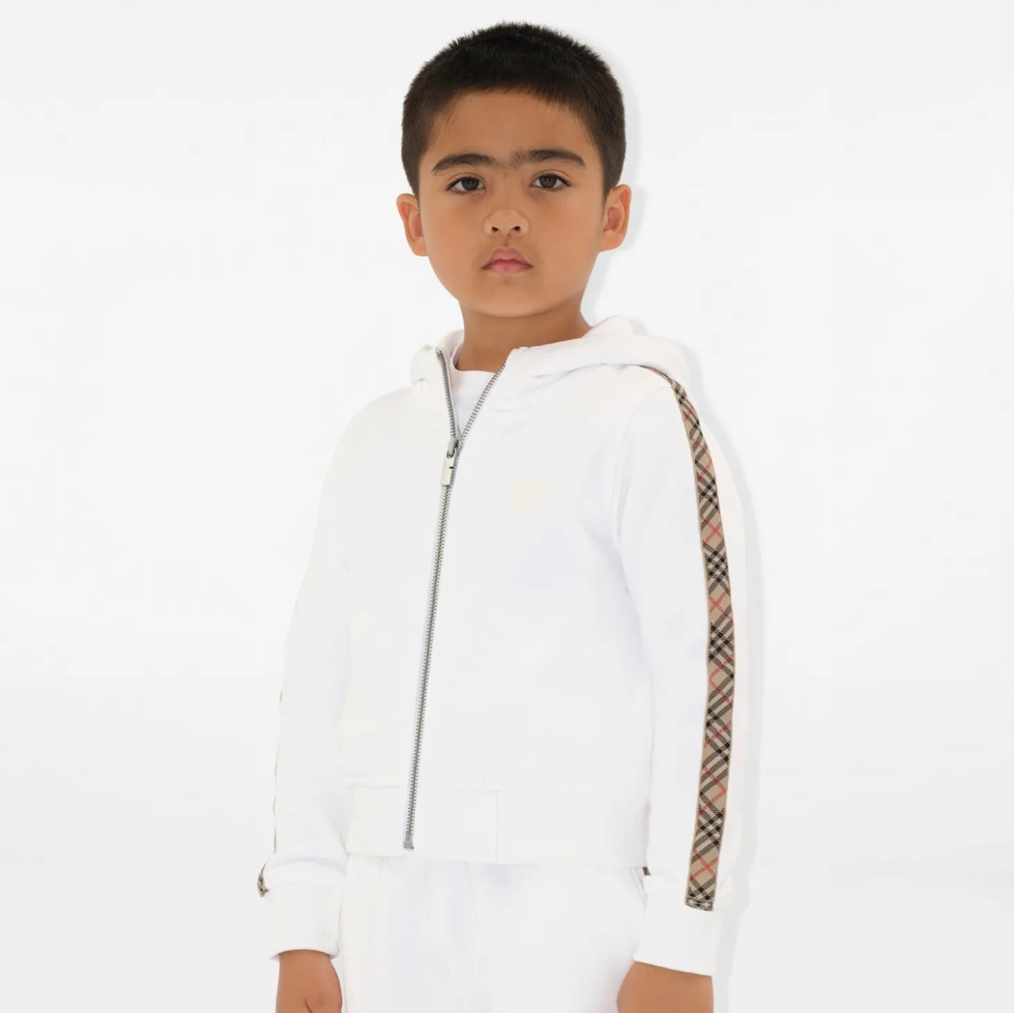 Check Trim Cotton Zip Hoodie