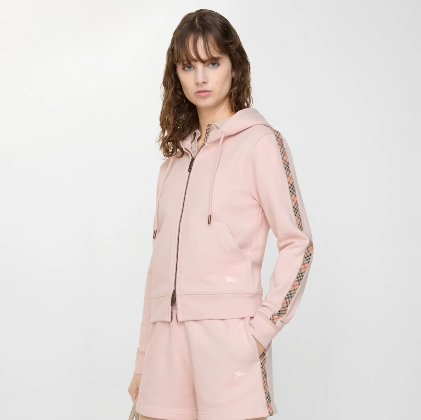 Check Trim Cotton Zip Hoodie