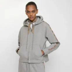 Check Trim Cotton Zip Hoodie