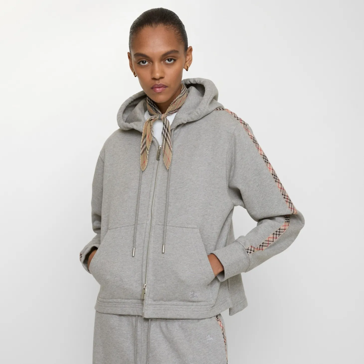 Check Trim Cotton Zip Hoodie
