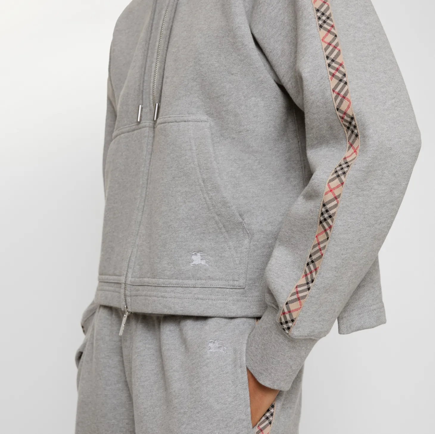 Check Trim Cotton Zip Hoodie