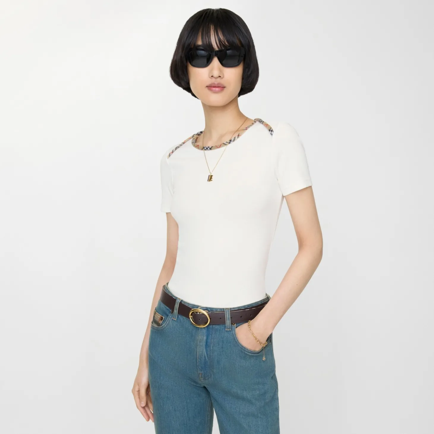 Check Trim Stretch Cotton T-shirt