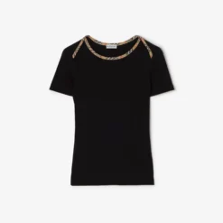 Check Trim Stretch Cotton T-shirt