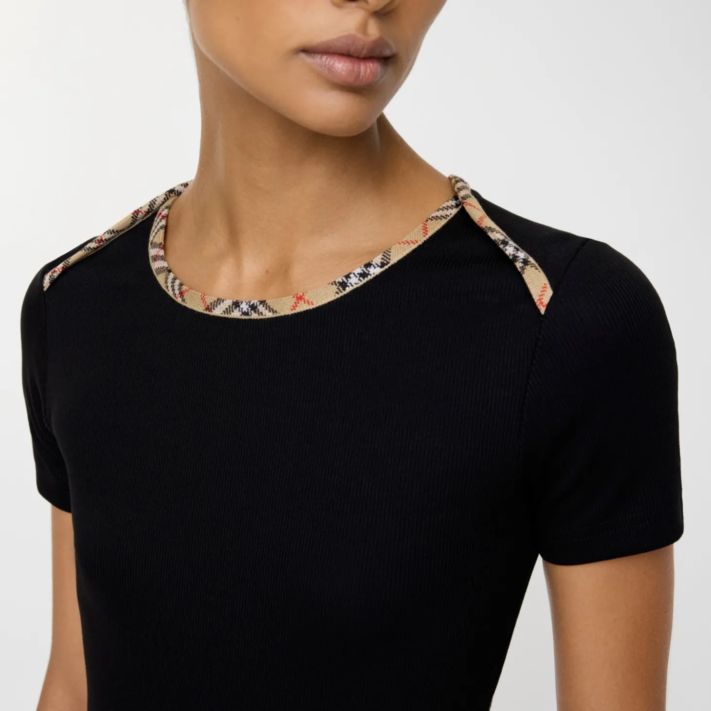 Check Trim Stretch Cotton T-shirt