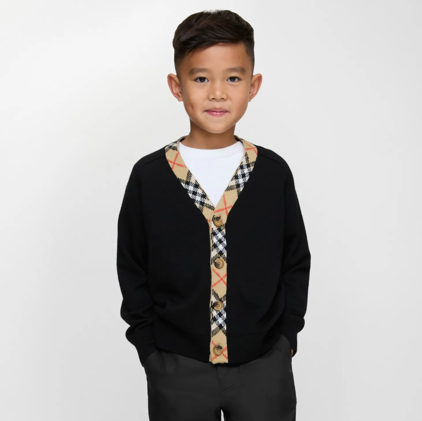 Check Trim Wool Cardigan