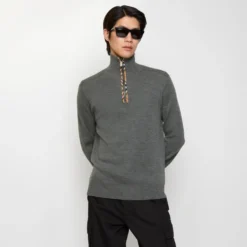 Check Trim Wool Half-zip Sweater