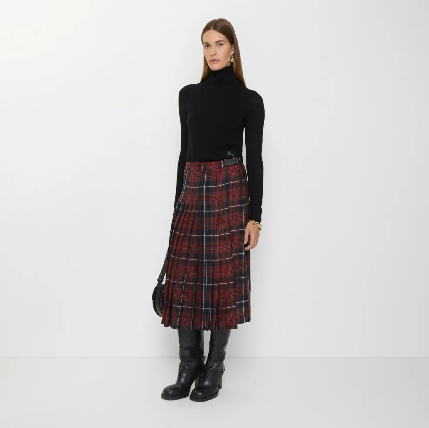 Check Wool Blend Midi Kilt