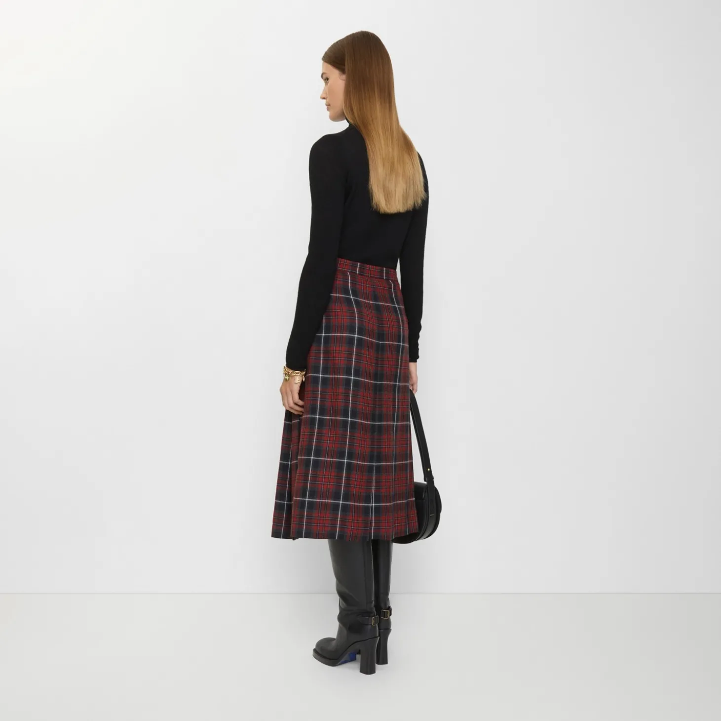 Check Wool Blend Midi Kilt