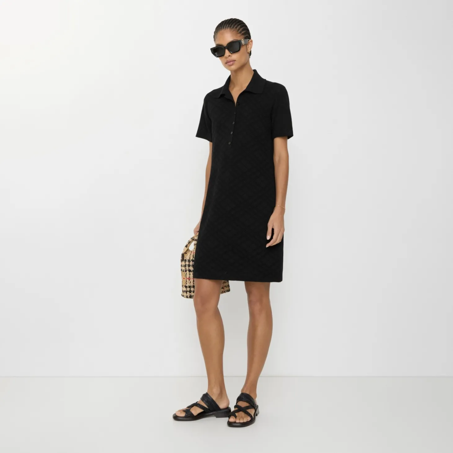 Check Wool Silk Polo Shirt Dress