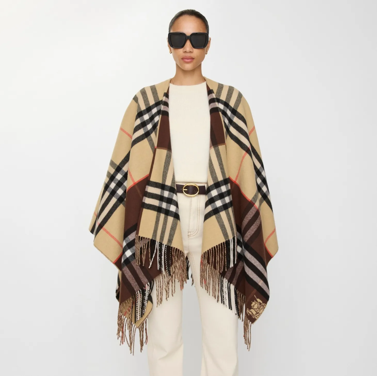 Contrast Check Cashmere Wool Cape