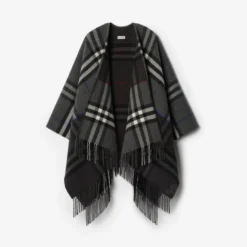 Contrast Check Cashmere Wool Cape
