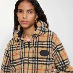 Cropped Check Fleece Hooded Jacket