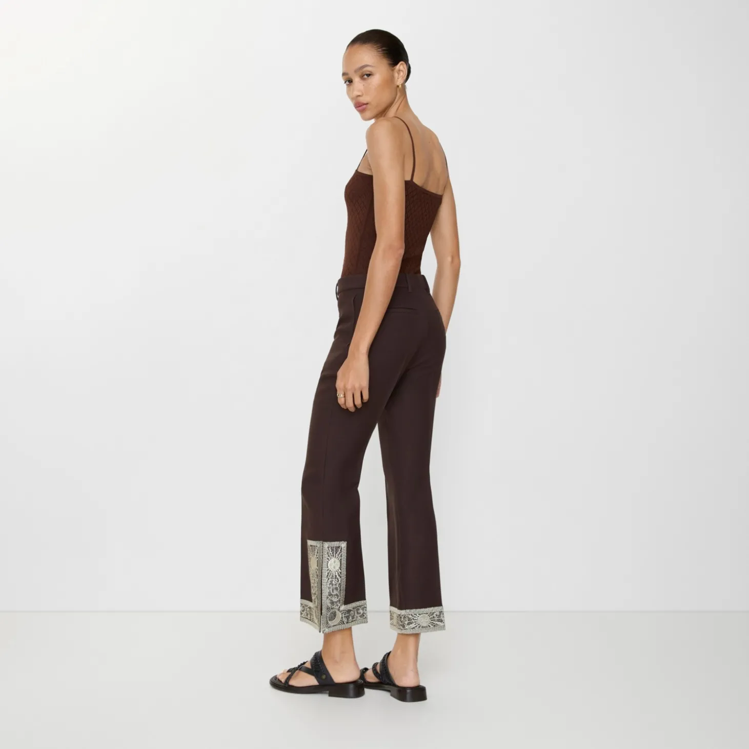 Cropped Embroidered Wool Silk Flared Trousers