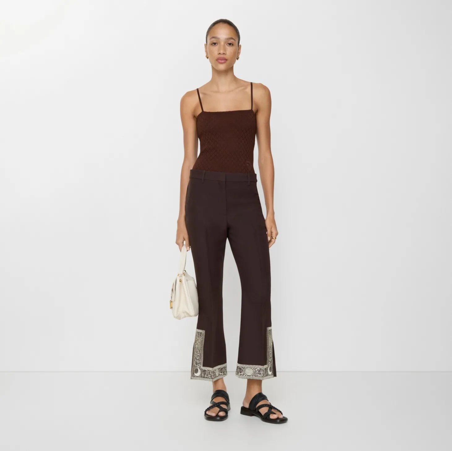Cropped Embroidered Wool Silk Flared Trousers