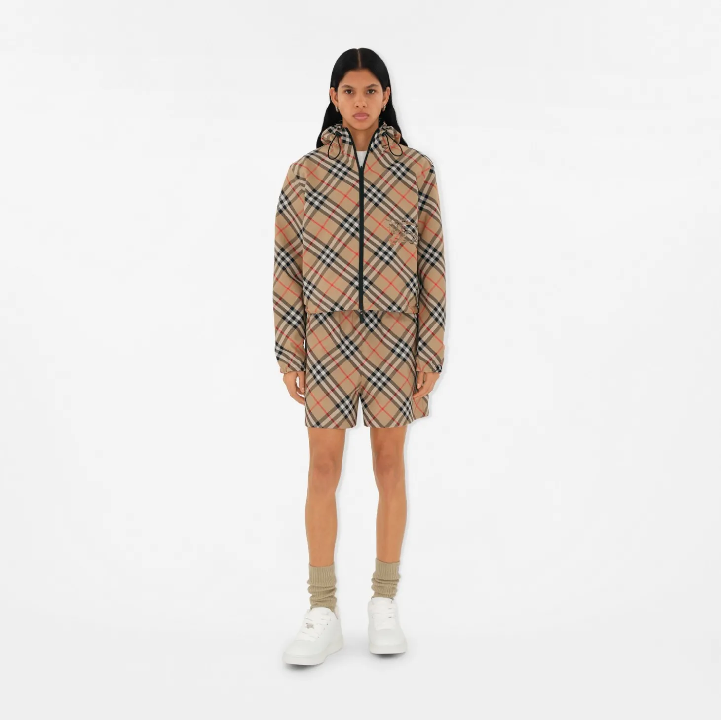 Cropped Reversible Check Hooded Jacket