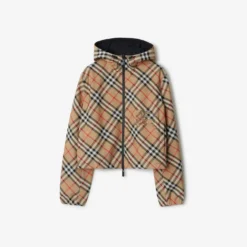 Cropped Reversible Check Hooded Jacket