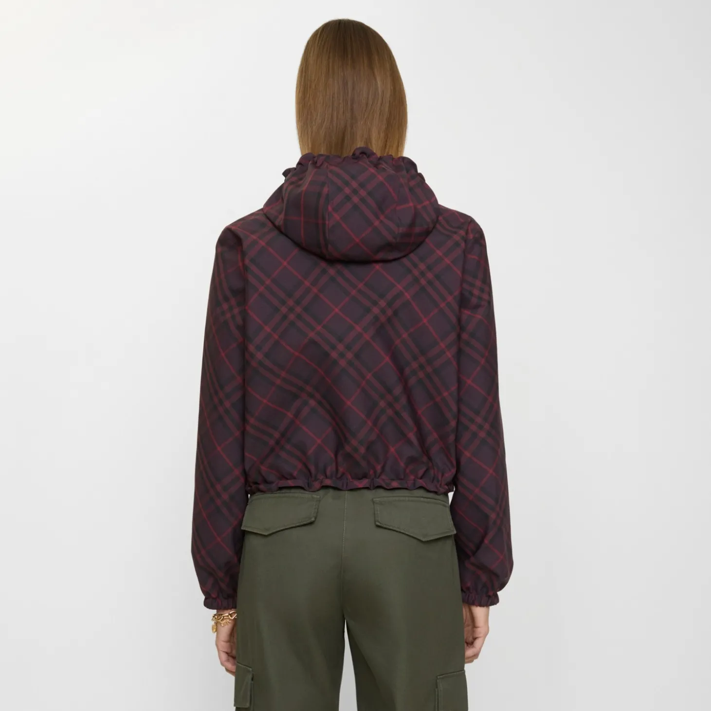Cropped Reversible Check Hooded Jacket