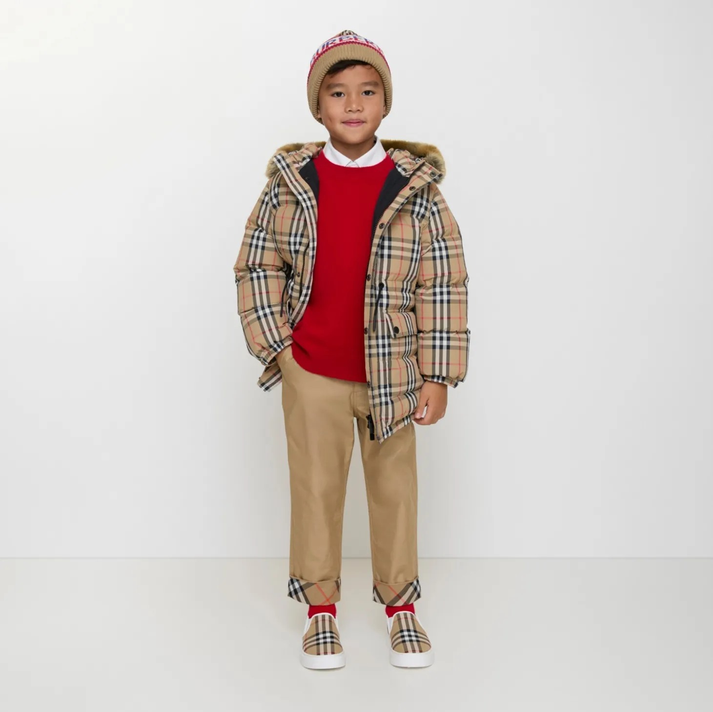 Faux Fur Trim Check Nylon Puffer Coat