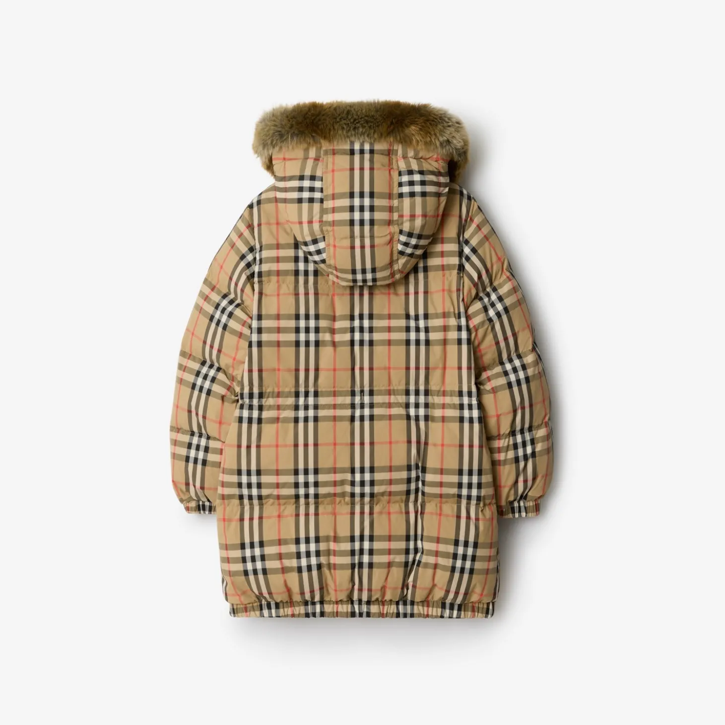 Faux Fur Trim Check Nylon Puffer Coat