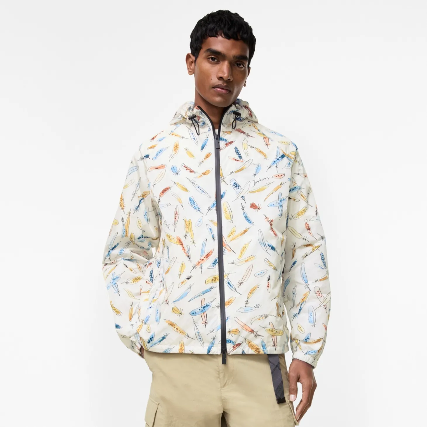 Feather Print Nylon Clapton Hooded Jacket