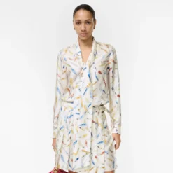 Feather Print Silk Scarf Blouse