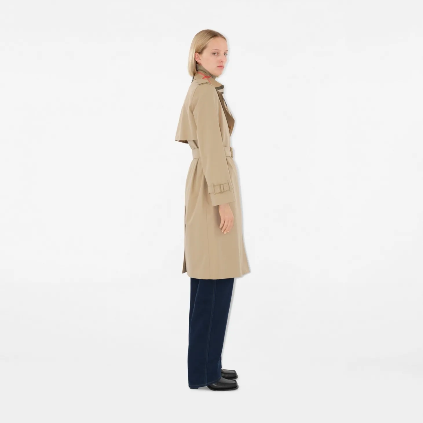 Long Check Collar Gabardine Trench Coat