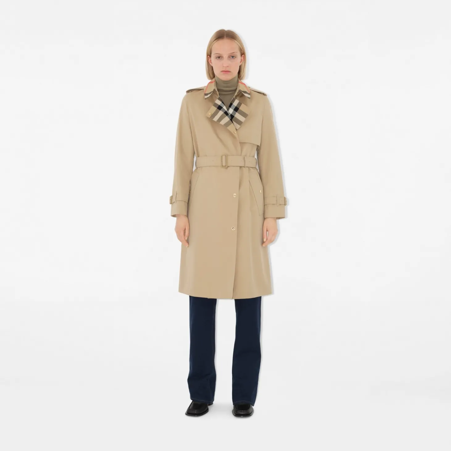 Long Check Collar Gabardine Trench Coat