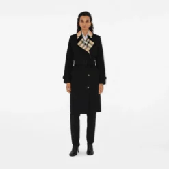 Long Check Collar Gabardine Trench Coat