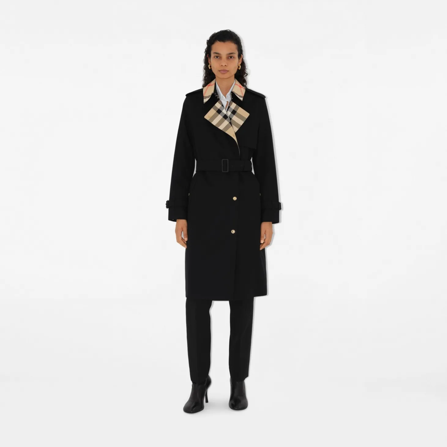 Long Check Collar Gabardine Trench Coat
