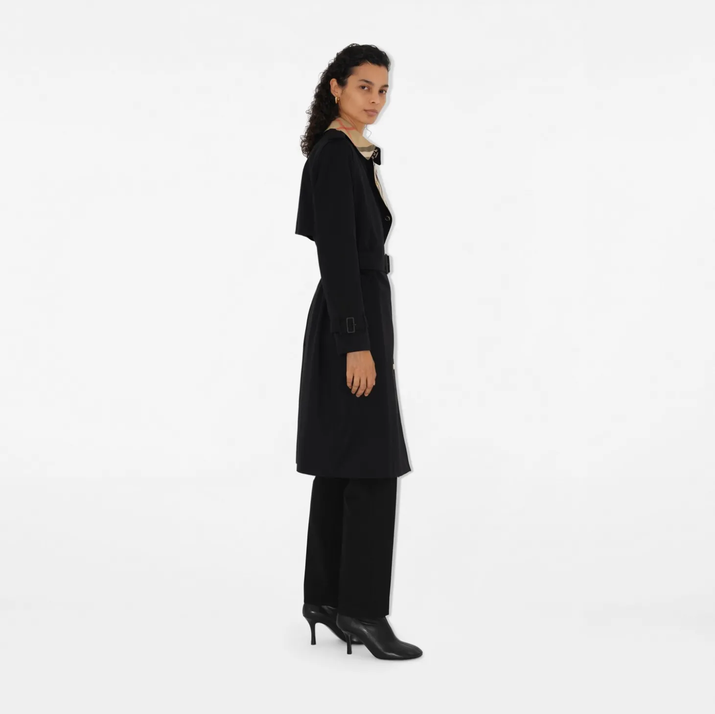 Long Check Collar Gabardine Trench Coat
