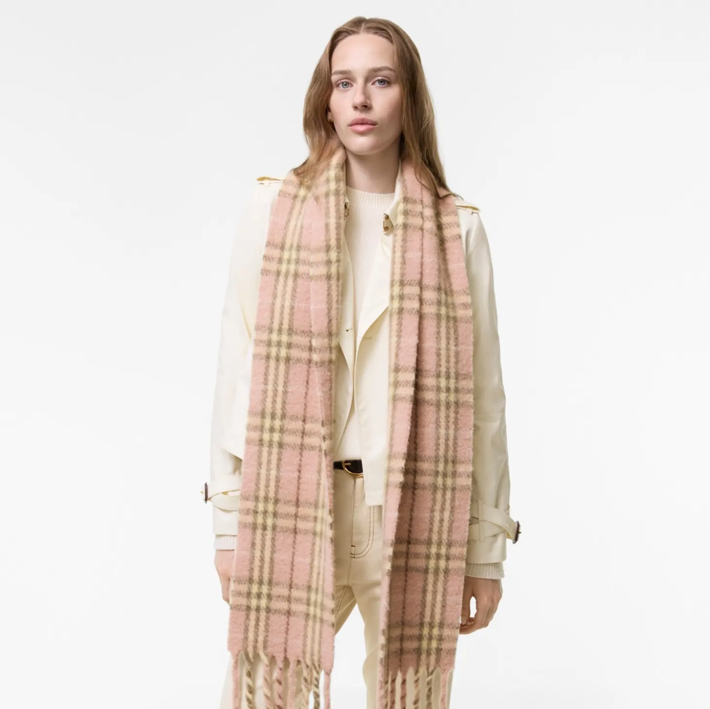 Narrow Check Alpaca Wool Blend Scarf