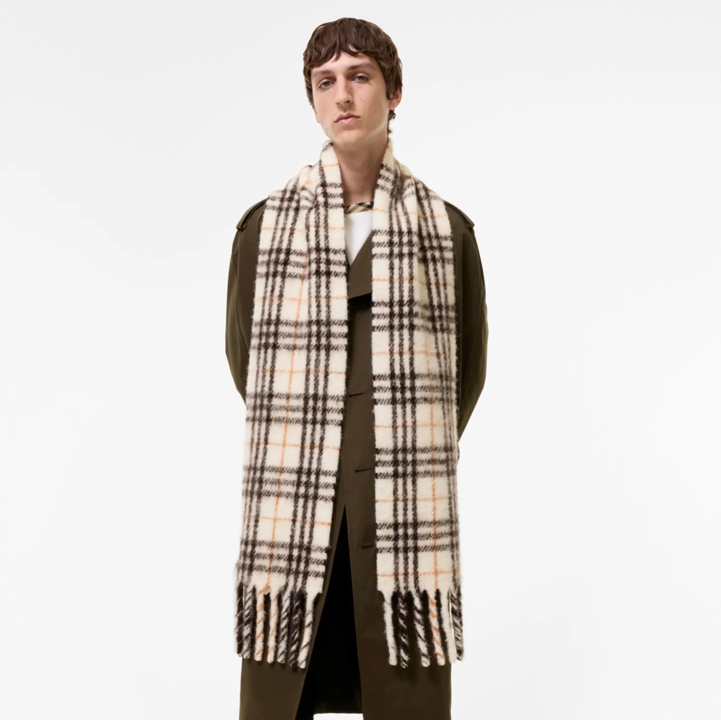 Narrow Check Alpaca Wool Blend Scarf