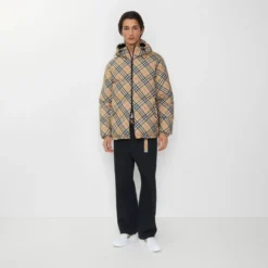 Reversible Check Hooded Puffer Jacket