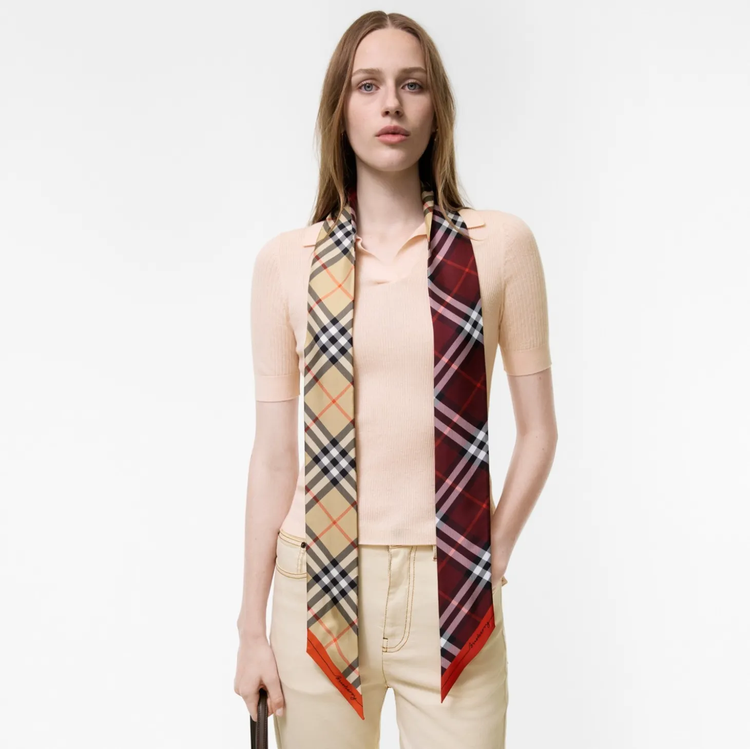 Skinny Contrast Check Silk Scarf