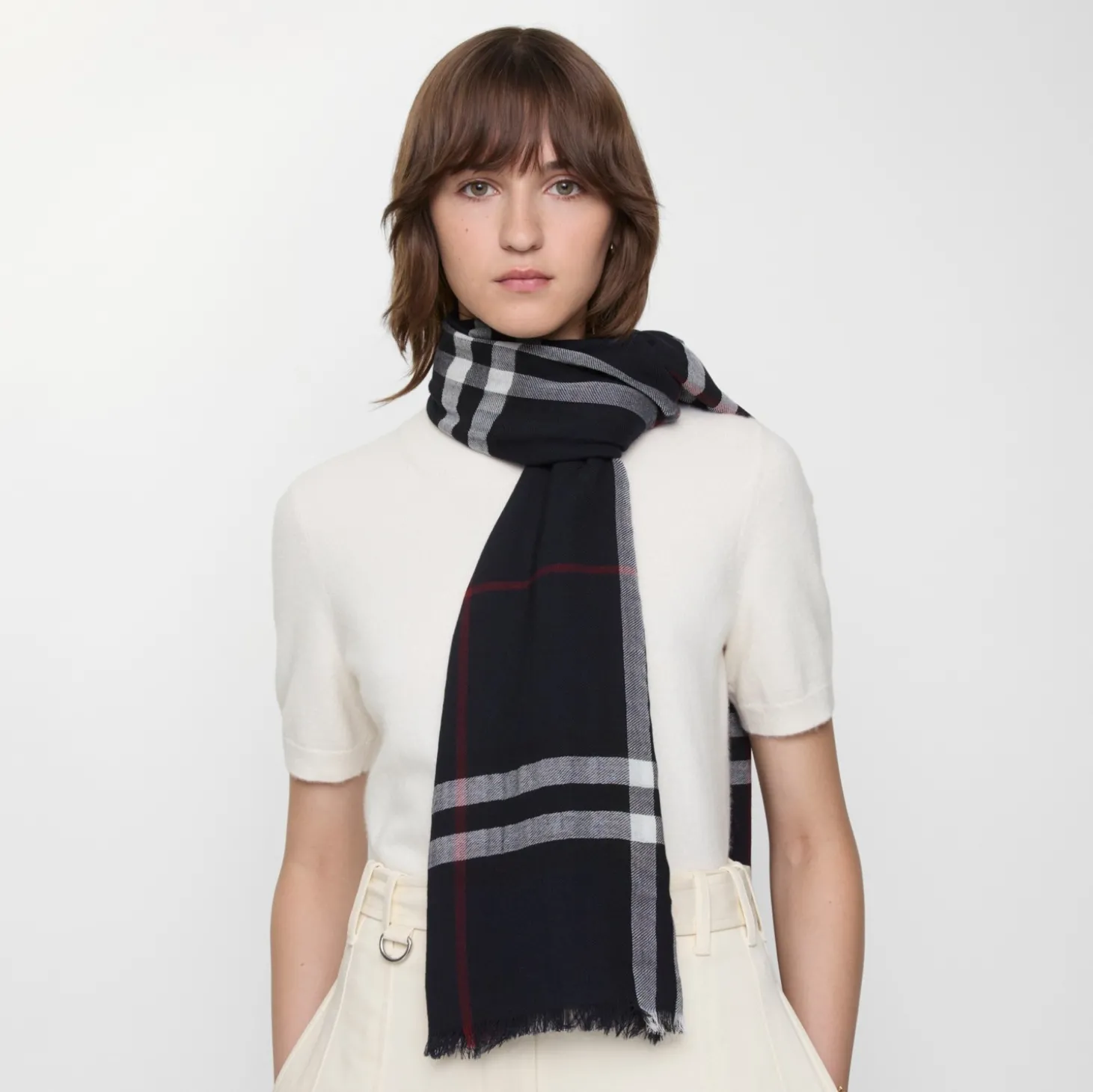 Wide Check Wool Scarf