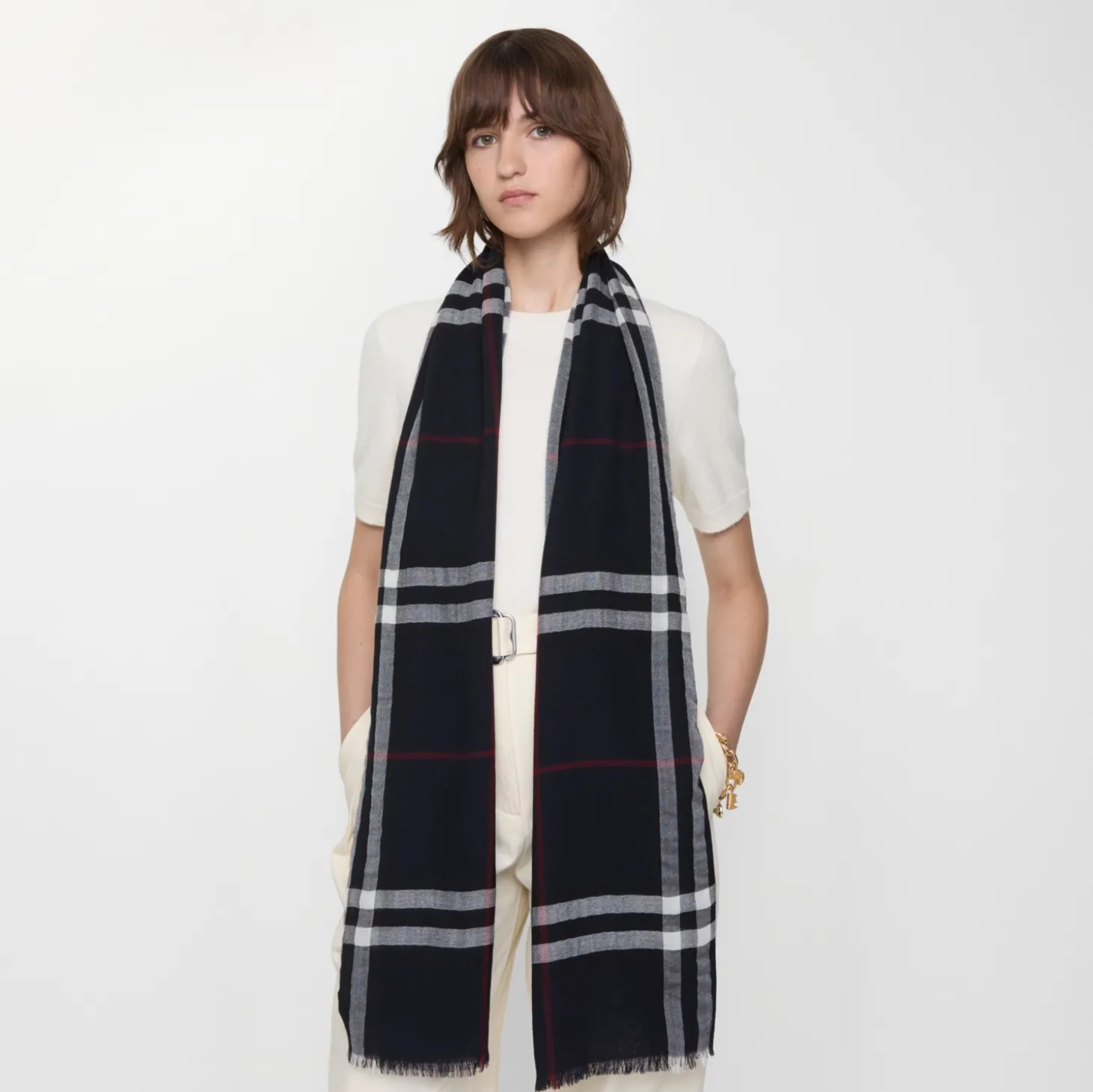 Wide Check Wool Scarf