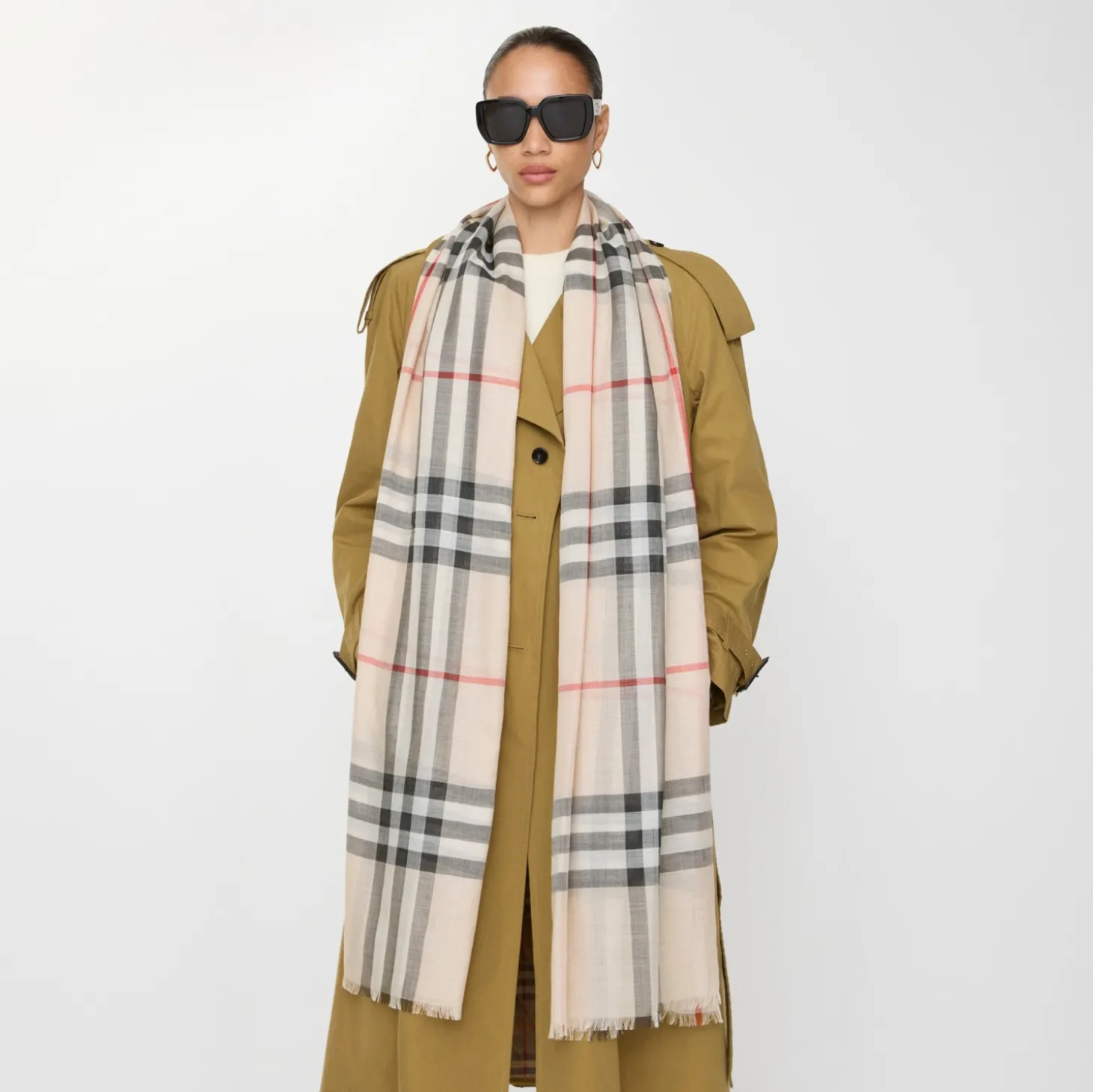Wide Check Wool Silk Scarf