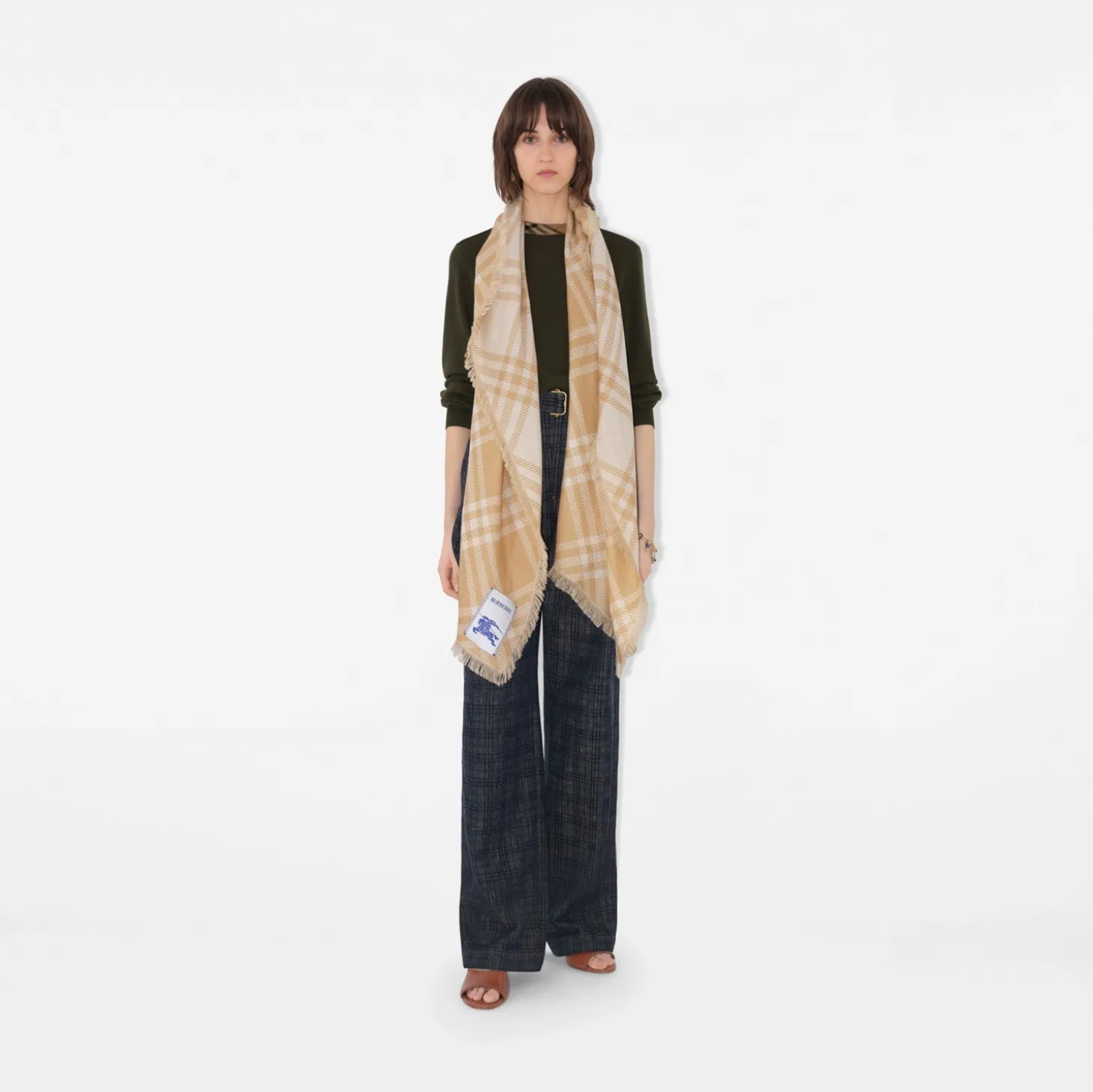 Wide Check Wool Silk Scarf