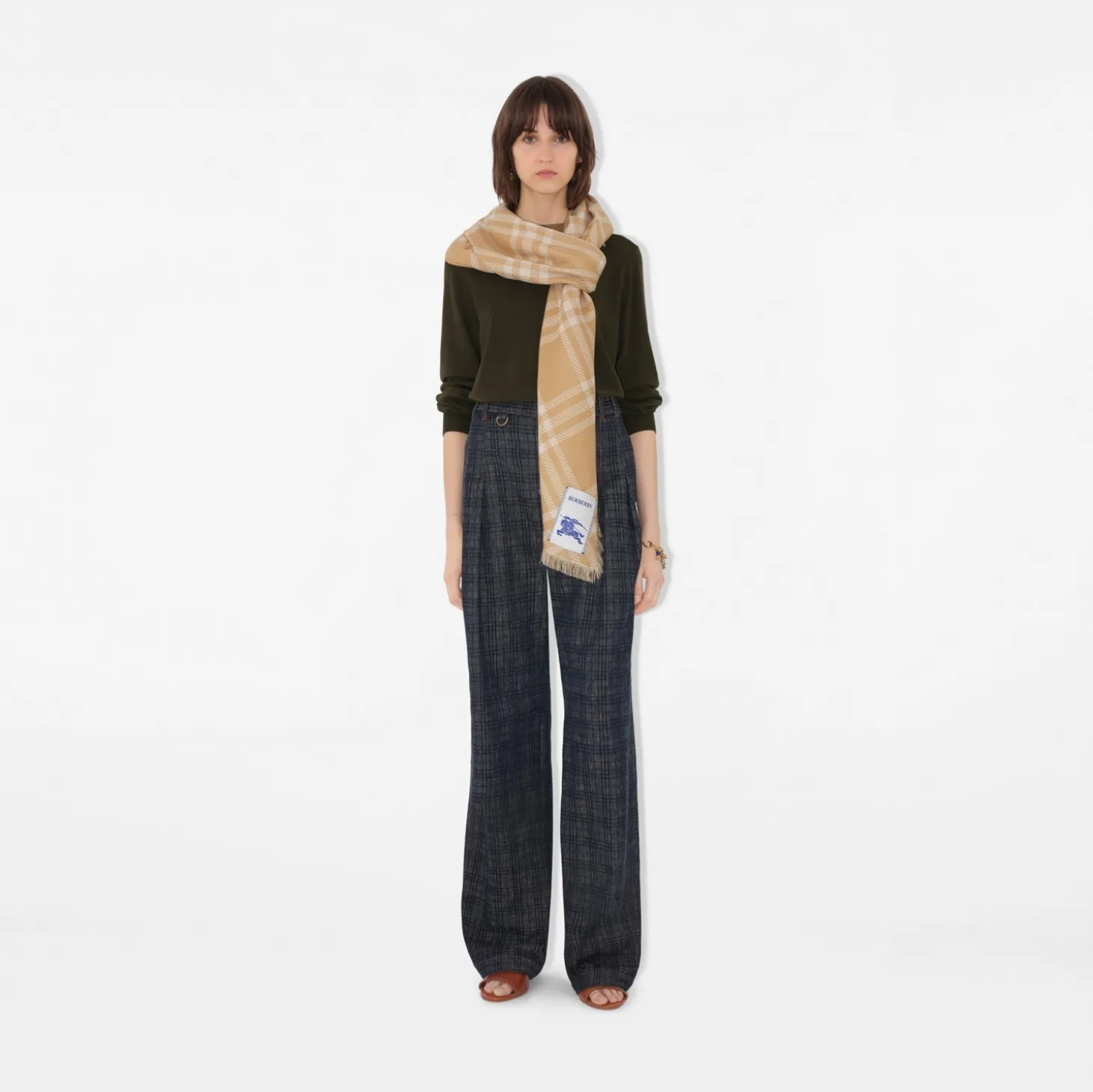 Wide Check Wool Silk Scarf