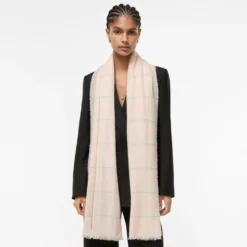 Wide Embellished Check Wool Silk Blend Scarf